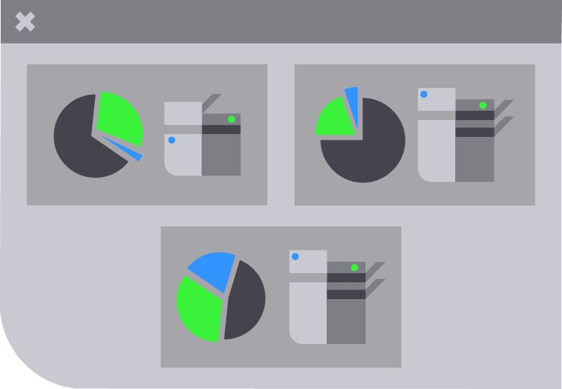 Three Lexmark printers with pie charts showing performance metrics in an IoT context.