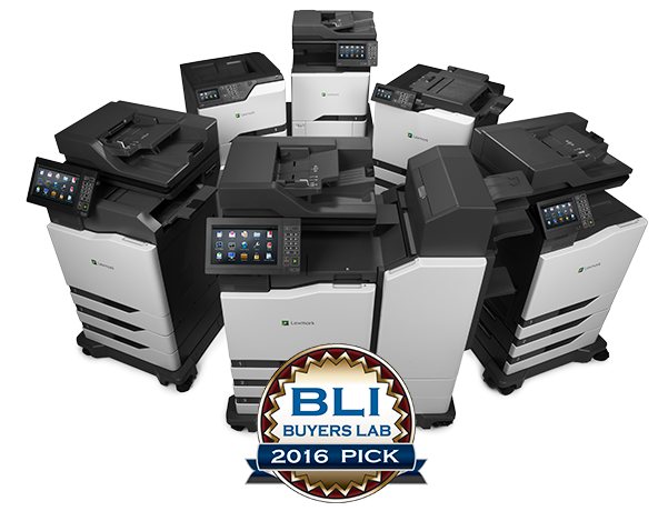 6 printers in a circle with the BLI Badge on top