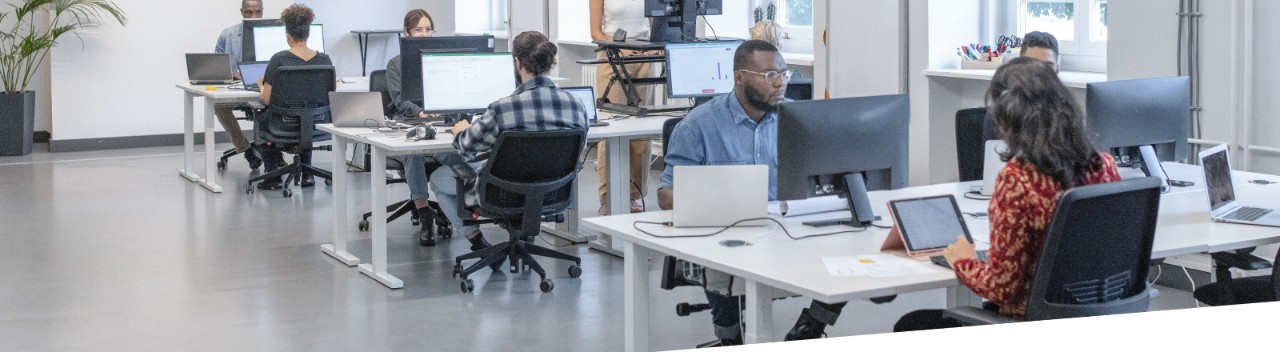 Prise de vue grand-angle d’hommes et de femmes au travail dans des bureaux paysagers