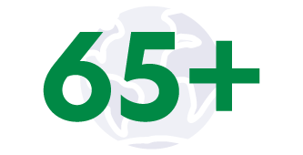 Graphic consists of a world icon, and the number 65+ overlay.